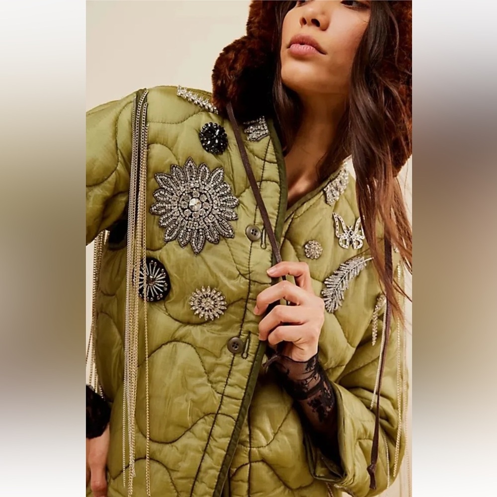 Free People X Tricia Fix Broached Liner Jacket Upcycled Reworked Olive